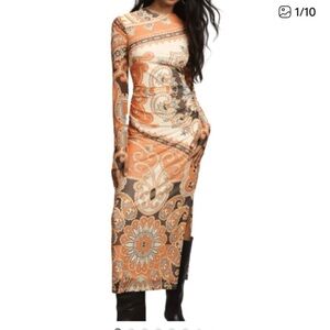 Farm Rio Long-Sleeve Mock-Neck Mesh Slim Midi Dress - Orange Bandana XS